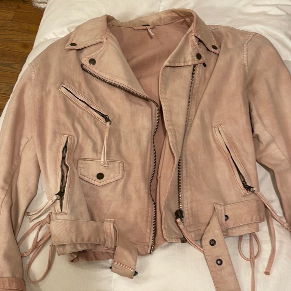 Free people pink over sized jean jacket